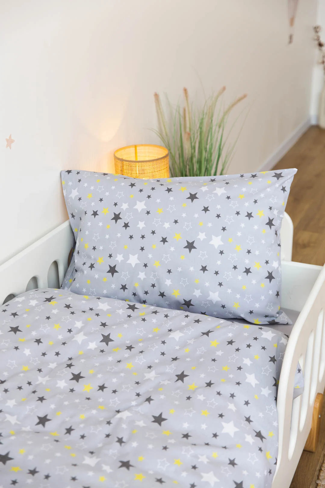 Grey Stars Print Poplin Crib Bedding Set