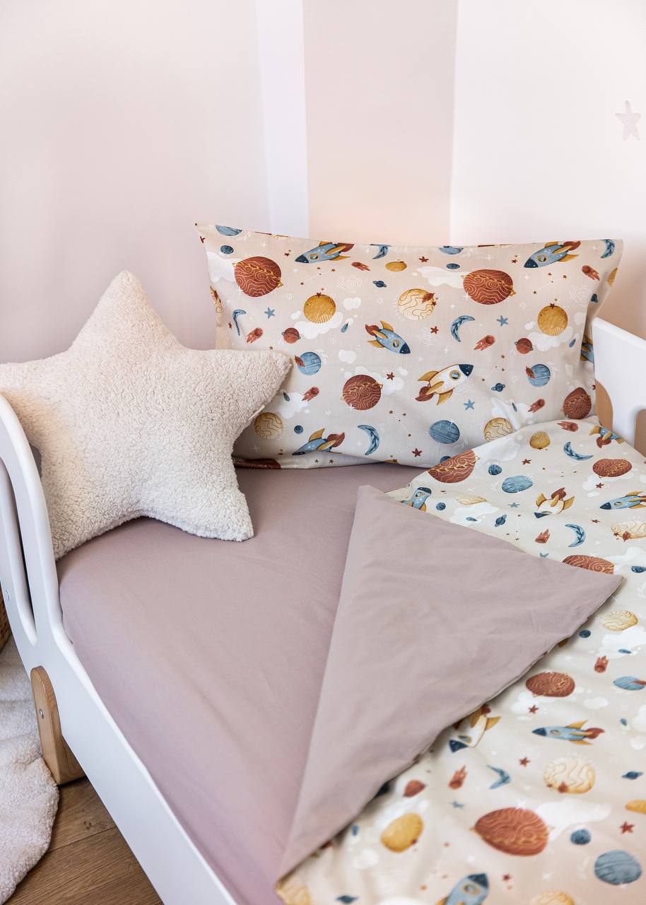 Space Print Satin&Poplin Crib Bedding Set (Warm Grey)