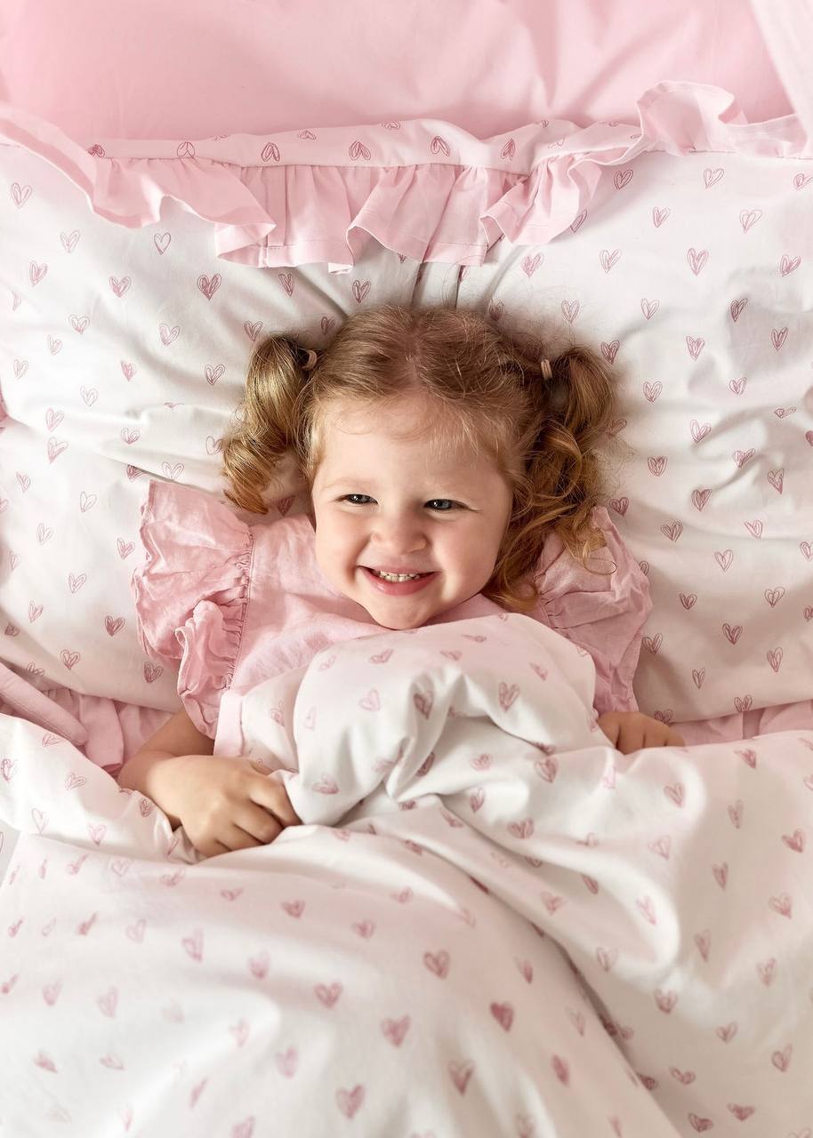 Pink Hearts Print Satin&Poplin Crib Bedding Set