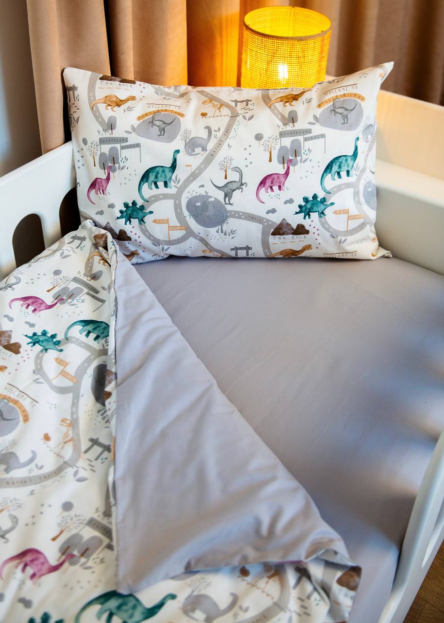Dino Print Satin&Poplin Crib Bedding Set