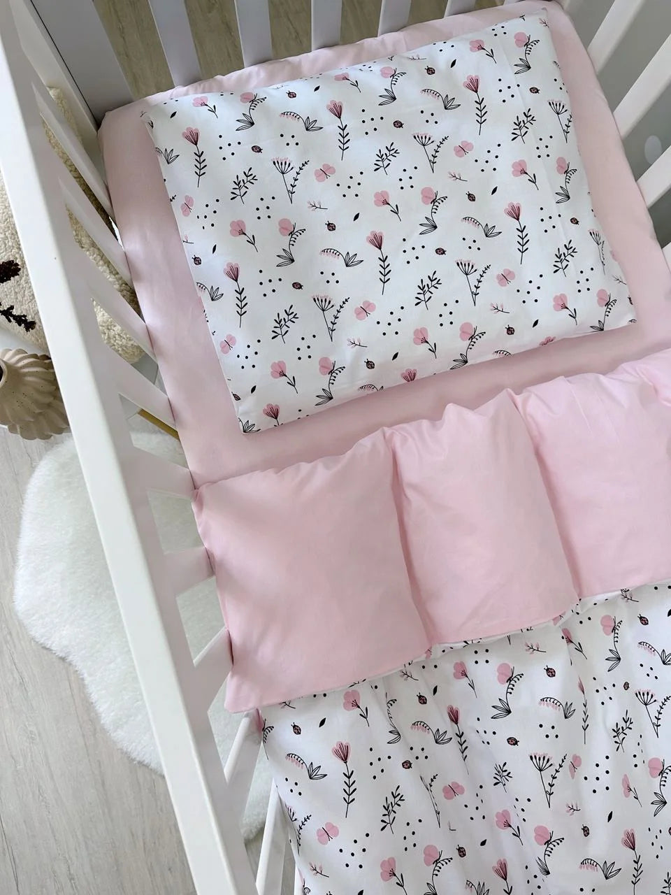 Pink Flowers Print Poplin Crib Bedding Set