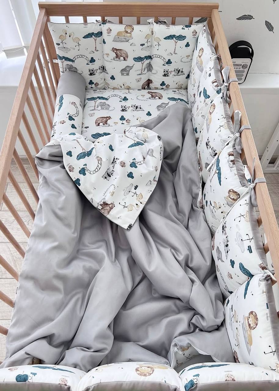 Zoo Grey Print Satin&Poplin Crib Bedding Set