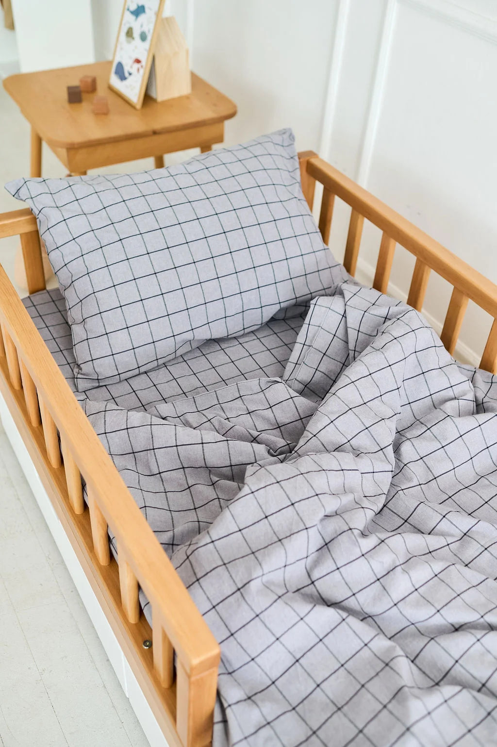 Grey Grid Washed Cotton Plaid Crib Bedding Set
