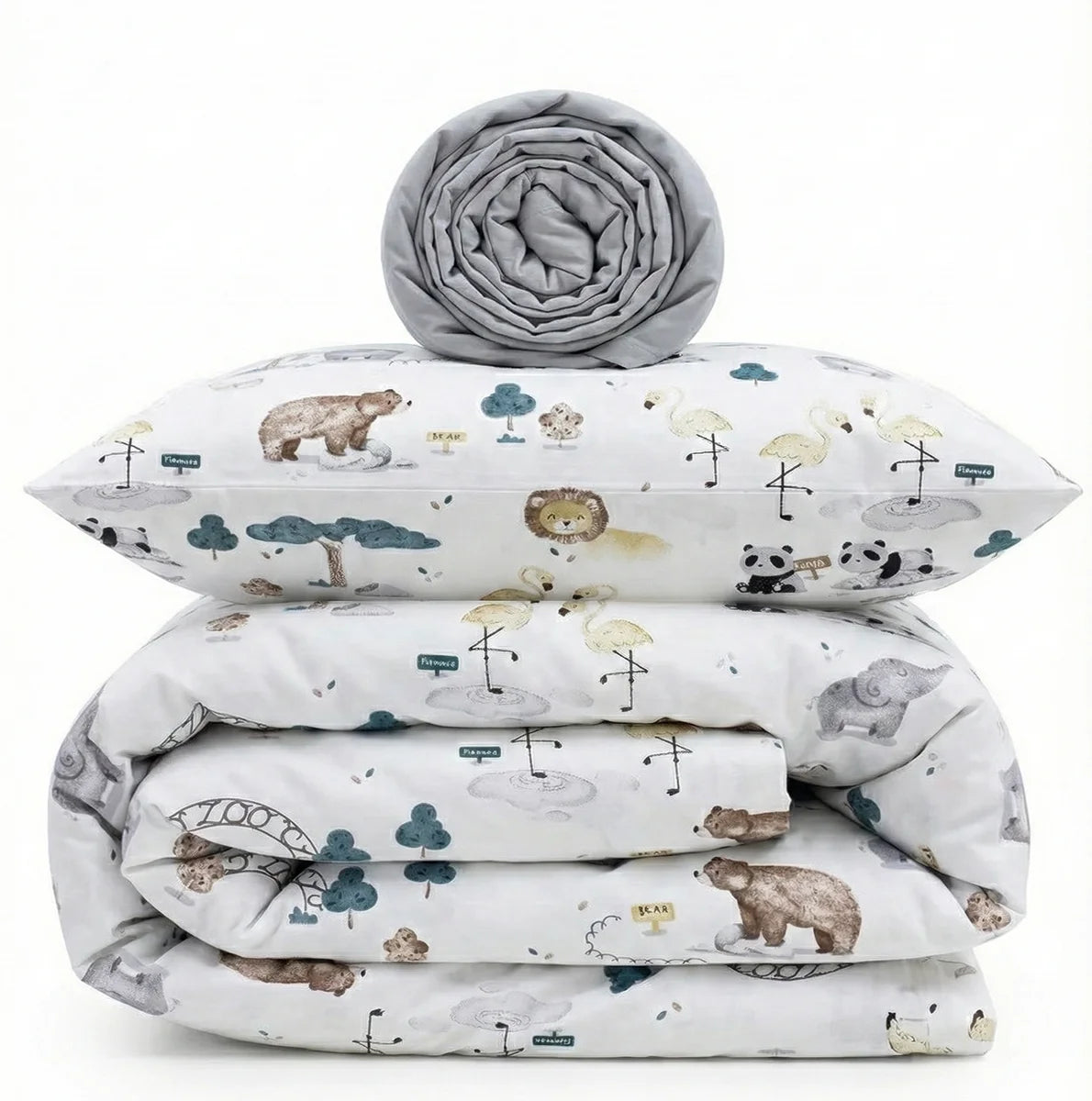 Zoo Grey Print Satin&Poplin Crib Bedding Set