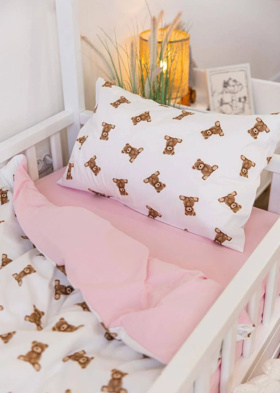 Teddy Pink Print Satin&Poplin Crib Bedding Set