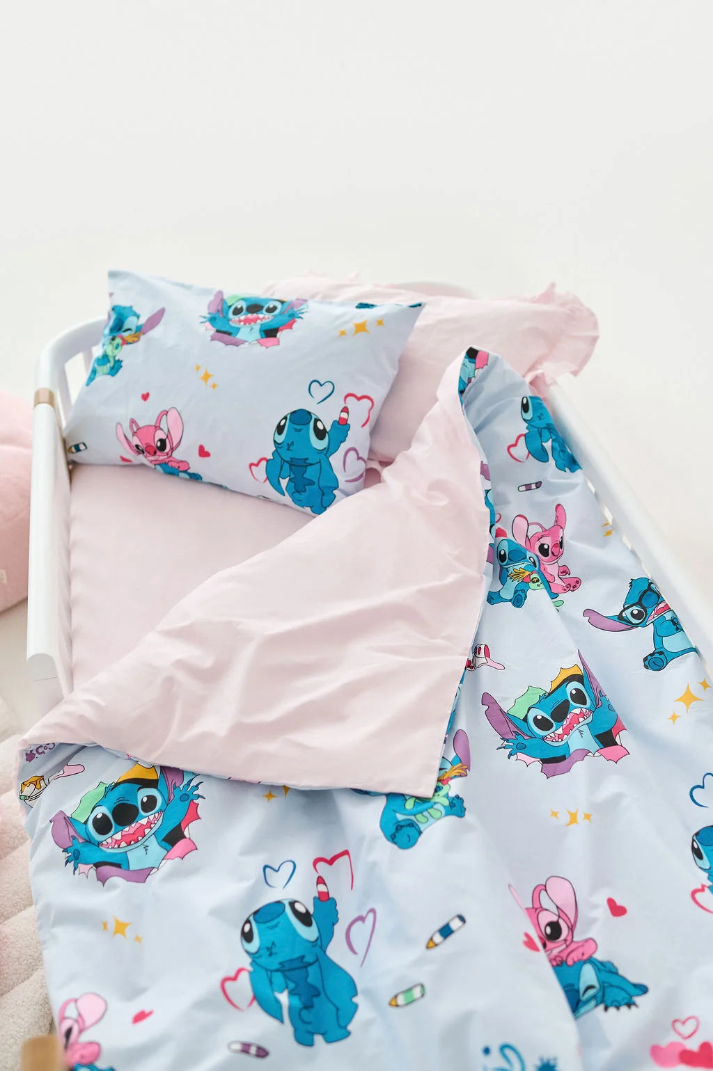 Stitch Print Cotton Crib Bedding Set (Pink)