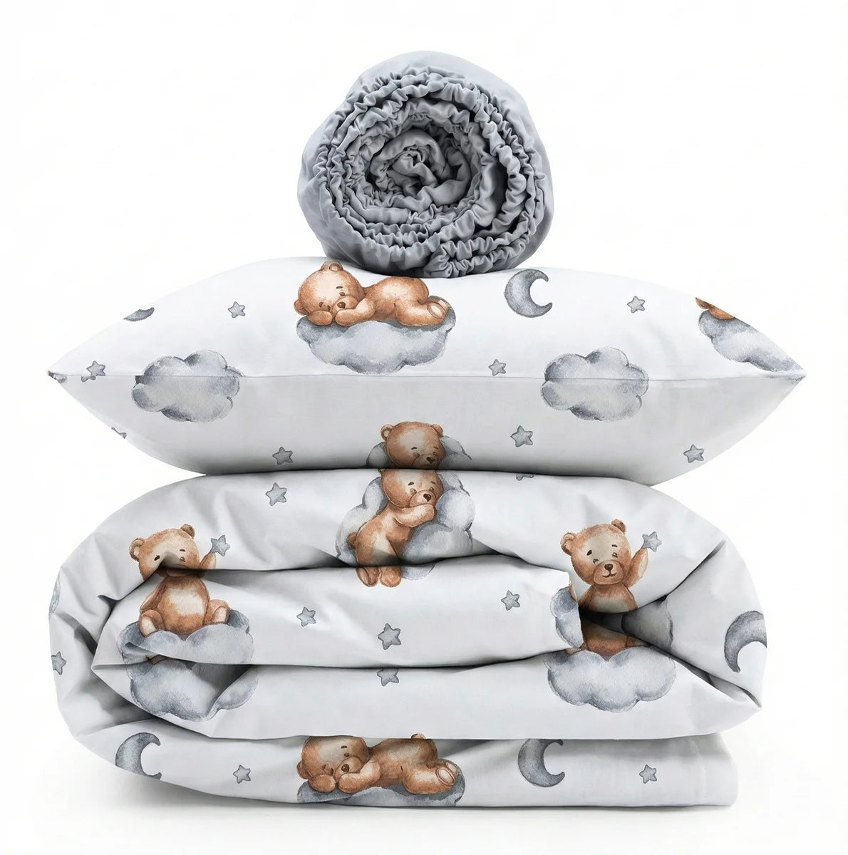 Bear On Cloud Grey Print Poplin Crib Bedding Set