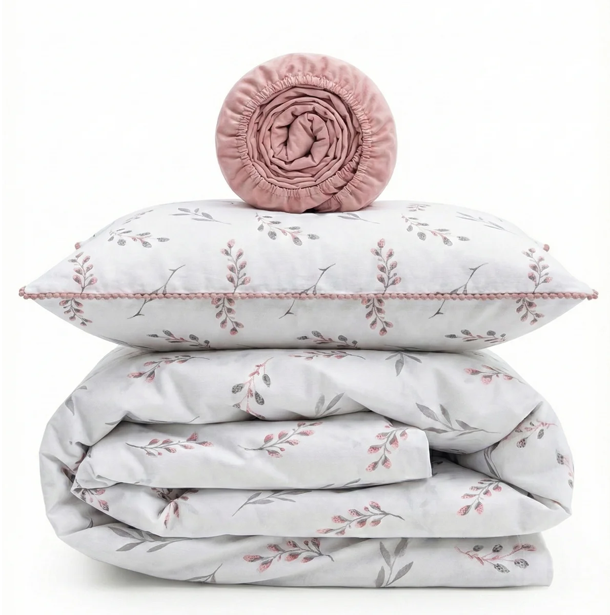 Bloom Floral Print Bedding Set with Pom Poms