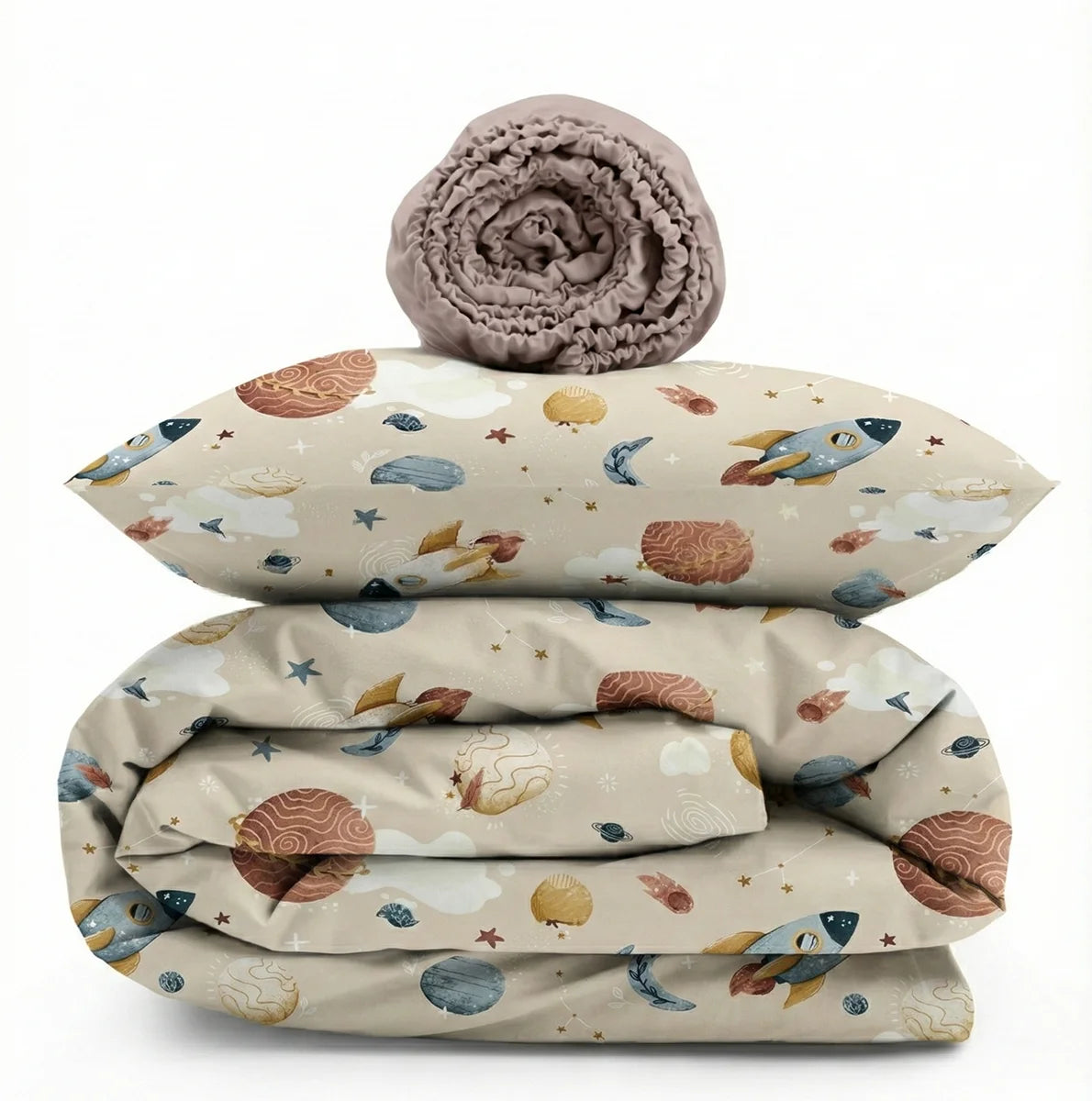 Space Print Satin&Poplin Crib Bedding Set (Warm Grey)